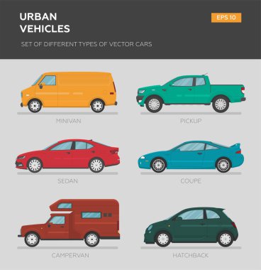 Şehir araçları. Farklı tip vektör arabalar: Sedan, hatchback, minivan, pikap, SUV, station wagon. Çizgi film düz çizim. Grafik ve web tasarımı için otomatik.