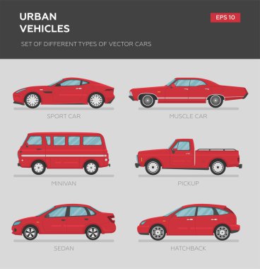 Bir grup izole vektör vagon. 4x4, iş arabası, klasik araba, sedan, hatchback, coupe, van, kamyonet, spor araba. Düz illüstrasyon, grafik ve web tasarımı simgesi