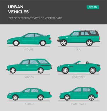 Bir grup izole vektör vagon. 4x4, iş arabası, klasik araba, sedan, hatchback, coupe, van, kamyonet, spor araba. Düz illüstrasyon, grafik ve web tasarımı simgesi