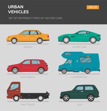 Bir grup izole vektör vagon. 4x4, iş arabası, klasik araba, roadster, sedan, hatchback, coupe. Düz illüstrasyon, grafik ve web tasarımı simgesi