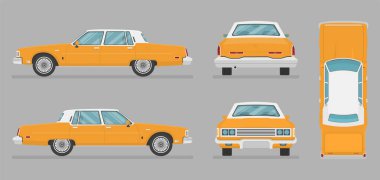Arabanın manzarası farklı. Ön, arka, üst ve yan araba projeksiyonu. Tasarım için düz çizim. Vektör sedan otomatik.