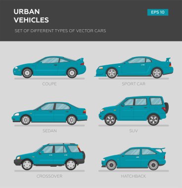 Bir grup izole vektör vagon. 4x4, iş arabası, klasik araba, roadster, sedan, hatchback, coupe. Düz illüstrasyon, grafik ve web tasarımı simgesi