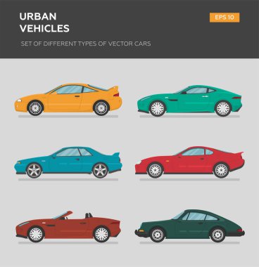 Bir grup izole vektör vagon. 4x4, iş arabası, klasik araba, roadster, sedan, hatchback, coupe. Düz illüstrasyon, grafik ve web tasarımı simgesi