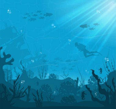 Mavi deniz zemininde balık ve dalgıç ile mercan resiflerinin silueti. Su altı yaban hayatı. Doğa vektörü illüstrasyonu.