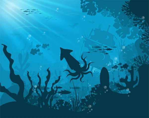 Silhouette Fish Algae Background Reefs Underwater Ocean Scene Deep Blue — Stock Vector