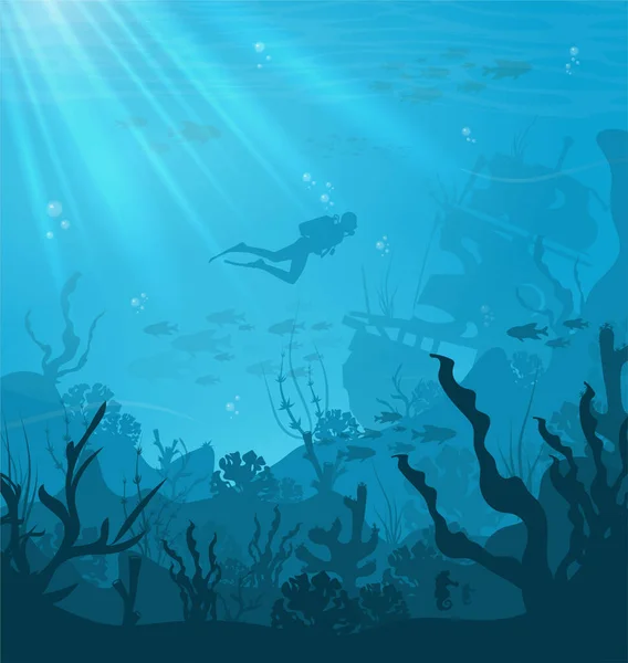 Underwater Background Fishes Sea Plants Coral Reefs — Stock Vector