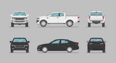 Arabanın manzarası farklı. Ön, arka, üst ve yan araba projeksiyonu. Tasarım için düz çizim. Vektör otomatik.