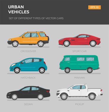 Bir grup izole vektör vagon. 4x4, iş arabası, klasik araba, sedan, hatchback, coupe, spor, karavan.. 