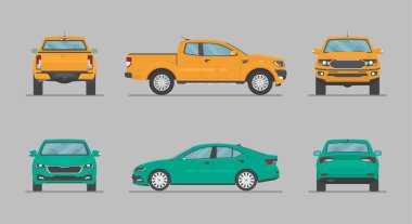 Arabanın manzarası farklı. Ön, arka, üst ve yan araba projeksiyonu. Tasarım için düz çizim. Vektör otomatik.