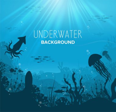 Mavi deniz zemininde balık ve dalgıç ile mercan resiflerinin silueti. Su altı yaban hayatı. Doğa vektörü illüstrasyonu.