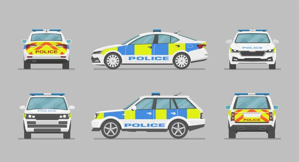 英語の警察の車 サイドビュー フロントビュー バックビュー 漫画のフラットイラスト グラフィックとウェブのための自動 — ストックベクタ