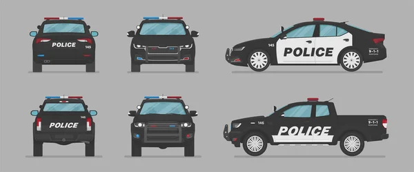 Coche Policía Americano Vista Lateral Vista Frontal Vista Trasera Dibujos — Vector de stock