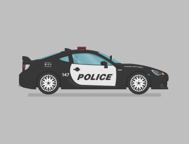 Amerikan polis süper arabası. Yan görüş. Çizgi film düz çizim. Grafik ve ağ için otomatik.