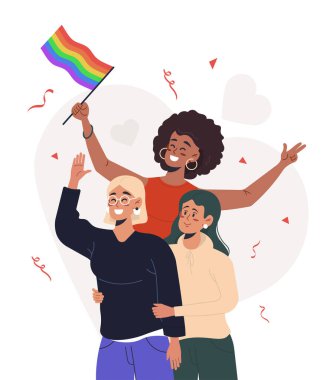 Kocaman bir gökkuşağı kalbi tutan bir grup insan. LGBT topluluğu. İnsan hakları. Düz düzenlenebilir vektör illüstrasyonu, klip sanatı