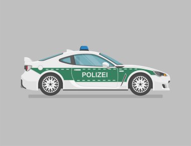 Alman polis süper arabası. Yan görüş. Çizgi film düz çizim. Grafik ve web için otomatik. Çevirisi: Polis.