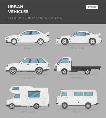 Gri arka planda arabalar, vektör çizimi. Tahsilat arabası seti - Sedan, van, kamyon, SUV, spor araba, karavan