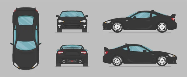向量黑色跑车 侧视图 前视图 后视图 顶视图 卡通平面插图 用于图形和网络的汽车 — 图库矢量图片