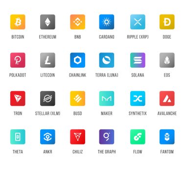 Vektör illüstrasyon seti, beyaz arkaplanda izole edilmiş kripto para birimi blok zinciri logosu koleksiyonu.