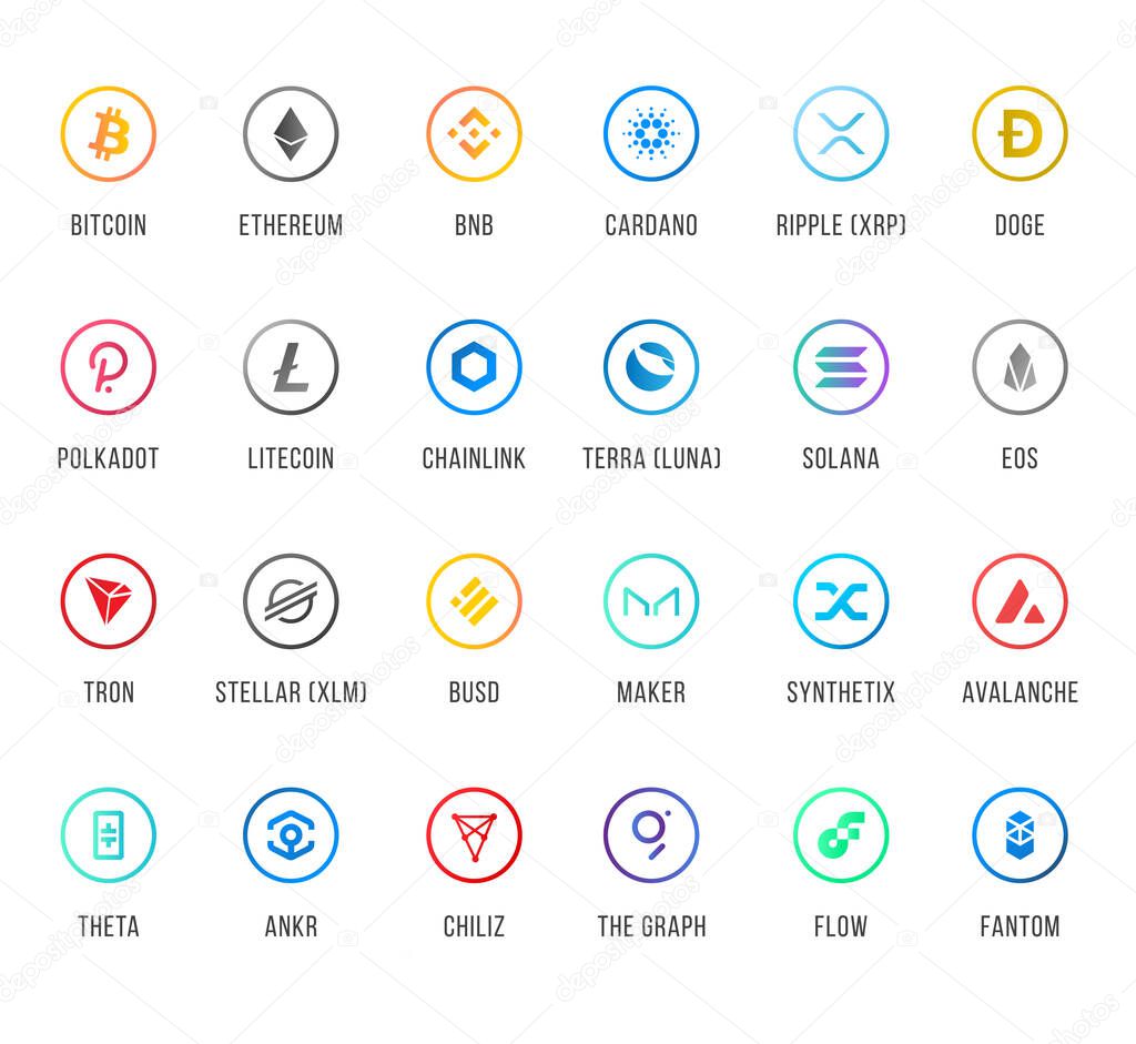 Vector illustration set, collection of crypto currency blockchain flat logo isolated on white background.