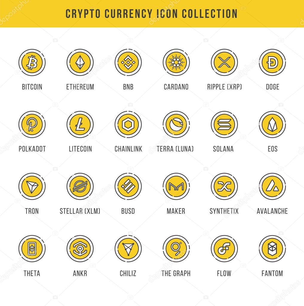 Vector illustration set, collection of crypto currency blockchain flat logo isolated on white background.