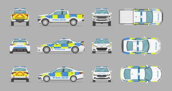 Englische Polizeiautos Seitenansicht Vorderseite Rückseite Draufsicht Cartoon Flache Illustration Auto — Stockvektor