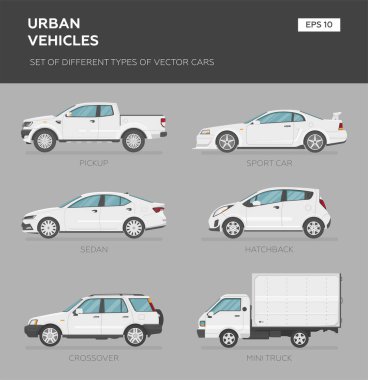 Gri arka planda arabalar, vektör çizimi. Tahsilat arabası seti - Sedan, van, kamyon, SUV, spor araba, karavan