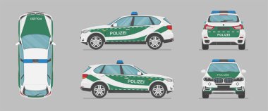 Alman polis arabası. Yan görüş, ön görüş, arka görüş, üst görüş. Çizgi film düz çizim, grafik ve web için otomatikman. Çevirisi: Polis