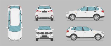 Vector SUV arabası. Yan görüş, ön görüş, arka görüş, üst görüş. Çizgi film düz illüstrasyon, grafik ve web için araba