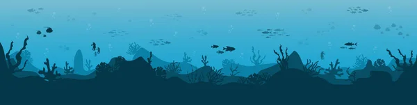 Silueta Arrecife Coral Con Peces Buzo Sobre Fondo Azul Marino — Vector de stock
