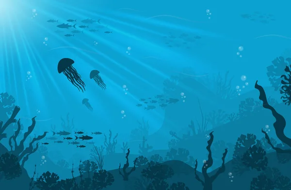 珊瑚礁的轮廓 蓝海背景上有鱼和潜水者 海底海洋野生动物 自然矢量图解 — 图库矢量图片