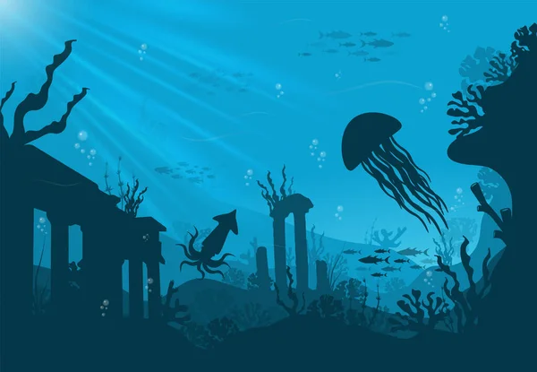 Silhouette Coral Reef Fish Scuba Diver Blue Sea Background Underwater — Stock Vector