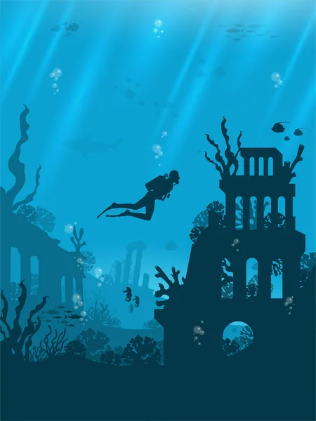 Silhouette Coral Reef Fish Scuba Diver Blue Sea Background Underwater — Stock Vector
