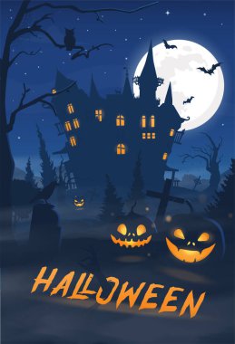 Vektör mistik illüstrasyon. Arka plandaki sisli dolunayda korkunç karakterlerin siluetleri, balkabağı, zombi eli. Cadılar Bayramı Grafik Tasarımı.