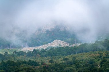 Ormanlı yamaçları ve bulutlarda saklı tepeleri olan yüksek dağlar. Bulutlu bir günde dağlarda yoğun sis.