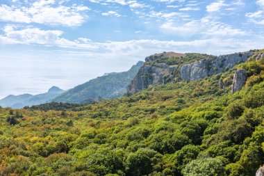 Yamaçta yüksek yeşil ağaçlarla deniz kıyısında kayalık bir dağ. Bulutlu deniz manzarası.