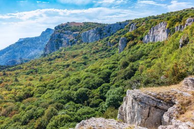 Bulutlu arka planda yüksek kayalık dağlar. Dağ yamacındaki yeşil orman. Yeşil ve kayalık yamaçlı dağ sıraları.