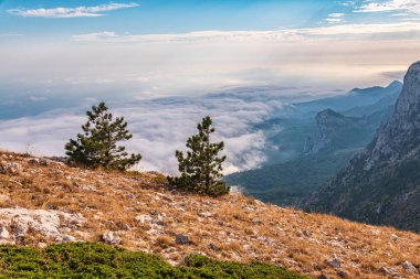 Kayalık dağların, sisli ve bulutlu vadinin görkemli manzarası. Kremalı sis dağ vadisini gün batımıyla kapladı. Kırım Dağları üzerinde puslu gün batımı. Konum Ai-Petri, Kırım.