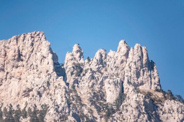 Ormanlık yamaçlı yüksek dağlar ve mavi gökyüzü arka planında zirveler. Kırım Dağları aydınlık bir günde. Konum Ai-Petri, Kırım.