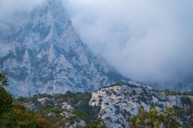 Ormanlık yamaçları ve tepeleri bulutların arasına gizlenmiş yüksek kayalık dağlar. Bulutlu bir günde dağlarda yoğun sis var. Ai-Petri, Kırım