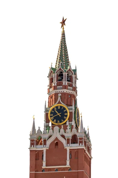 莫斯科克里姆林宫的Spasskaya塔被白色背景隔离 斯帕斯卡亚塔是位于莫斯科克里姆林宫东墙的主要塔楼 它俯瞰着红色广场 — 图库照片