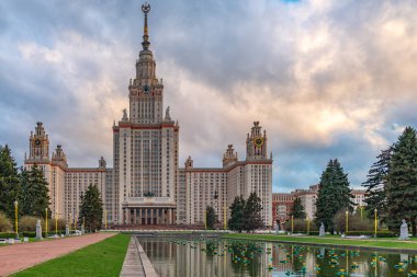 The main building of Lomonosov Moscow State University at sunset in spring. Moscow, Russia