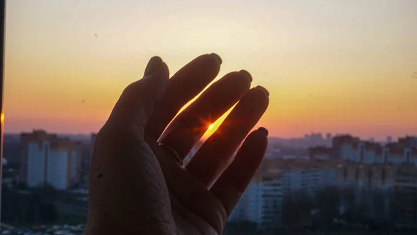 sunrise over the city, sun in hands