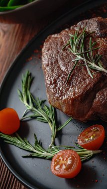 Domatesli pastırma ve siyah arka planda bitkiler.