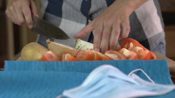 Kadın Ellerinin Beyaz Soğanı Domatesli Patatesli Kestiği Yakın Çekim Planda — Stok video