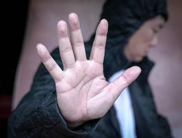 Mental Health Concept Depressed Man Waving Hand Push Away Refuse — Stock Photo, Image