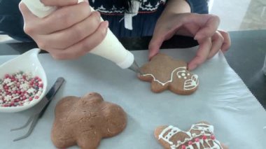 Noel için zencefilli kurabiye koyan ve süsleyen bir kadın. El yapımı kurabiyeler, hediyeler ve Noel konsepti.
