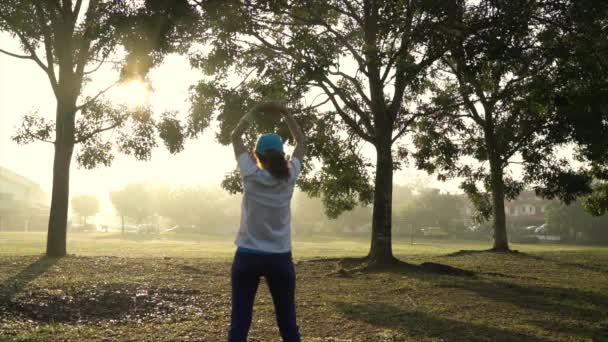 女人伸展着她的身体 在公园里做着晨曦和光芒的工作 漂亮的环境 — 图库视频影像
