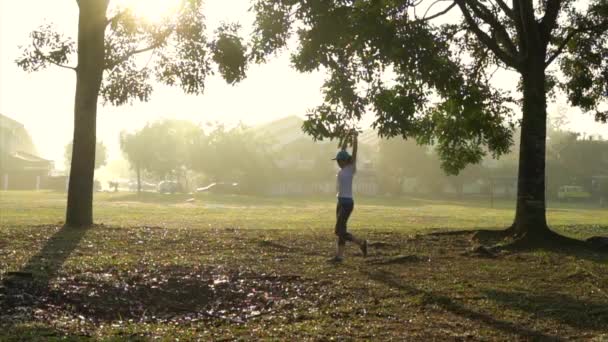 Kobieta Rozciągająca Swoje Ciało Ćwicząca Parku Porannym Wschodem Słońca Promieniami — Wideo stockowe