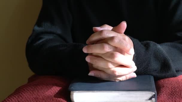 女人双手交叉在圣经的顶部在祷告的姿势 闭包视图 — 图库视频影像