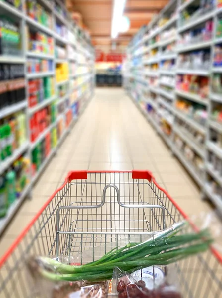 Desenfoque Abstracto Supermercado Con Carrito Compras Concepto Compra Alimentos — Foto de Stock